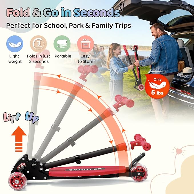 Kick Scooters for Kids 5-7 8-12,Lean to Steer,Three Wheeled Light Up,28"-32" Adjustable Handlebar,Widen Anti-Slip Deck,Floor Push Scooter for Boys Girls Ages 6-12 3-4 Old,Foldable for Travel