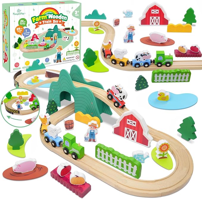 SIMPLIPLAY Wooden Train Set for Toddlers - 49PCS Farm Montessori Train Sets, Wooden Train Track for Toddlers 3-5 with Bridge & Cute Farm Animal Toys, Gifts for 3 4 5 Years Old Girls & Boys | Montessori Magnetic Train Set for Toddlers 3-5 with Bridge & ...