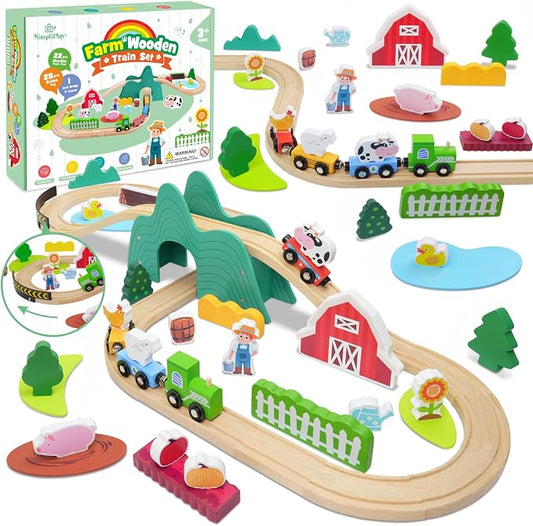 SIMPLIPLAY Wooden Train Set for Toddlers - 49PCS Farm Montessori Train Sets, Wooden Train Track for Toddlers 3-5 with Bridge & Cute Farm Animal Toys, Gifts for 3 4 5 Years Old Girls & Boys | Montessori Magnetic Train Set for Toddlers 3-5 with Bridge & ...