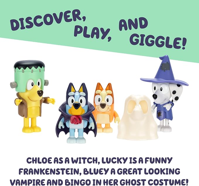 Bluey Halloween Figures Pack of 4, Robust Articulated Character Toys with Bingo, Chloe, and Lucky Figurines, Small Action Figures for Kids Ages 3+