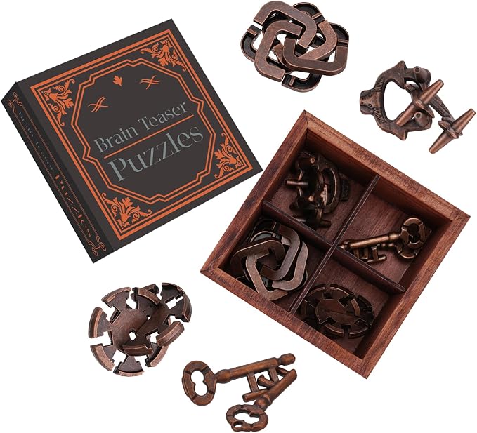 Metal Brain Teaser Puzzles for Adults Teens - Brain Teaser Puzzles with Wooden Box 3D Puzzle Game Toys for Adults Teens - Unlock Interlocking Puzzle Adults Teens IQ Education Smart Toys