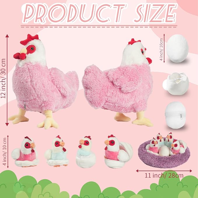 9 in 1 Chicken Stuffed Animal Set, Zippered Stuffed Chicken Plush Toys for Kids Egg Laying Hen with Coop, Plush Chickens and Eggs, Pink Chicken Toys for Kids Christmas Birthday Gifts Party Decor