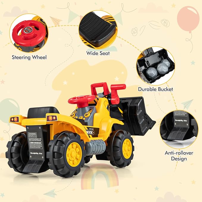 HONEY JOY Ride on Excavator, No Power Ride on Construction Vehicles for Kids, Helmet, 3 Toy Rocks, Adjustable Bucket, Horn, Ride On Loader, Bulldozer Ride on Toy, Gift for Boys Girls