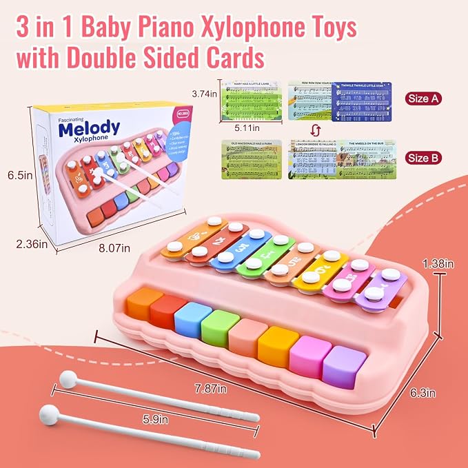 Pink 2-in-1 Toddler Xylophone Piano Toy, Toddler 8 Key Musical Instrument with Mallets & Music Cards, Montessori Educational Gift for Girls Ages 1-3