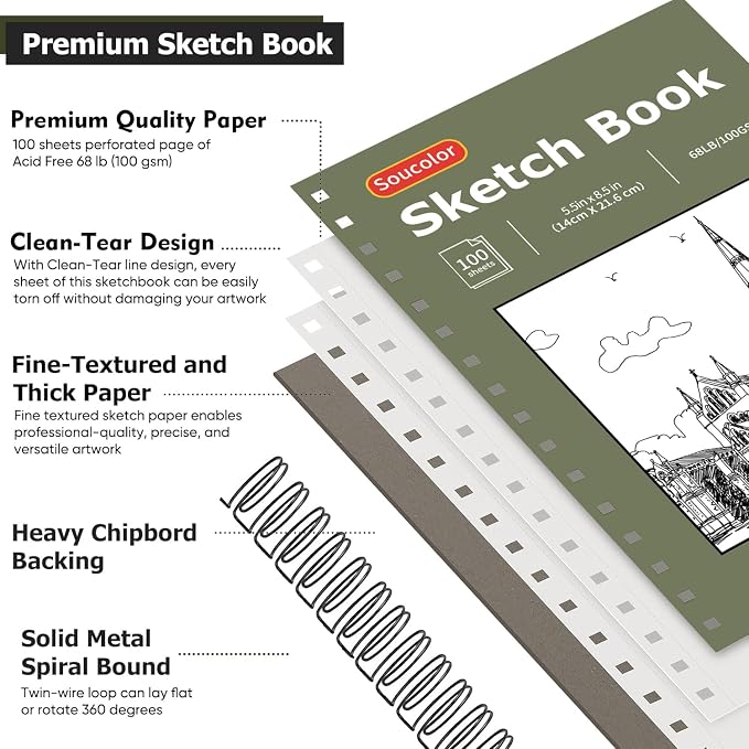Soucolor 5.5" x 8.5" Sketchbook Pack of 2, 200 Sheets Blank Journal Notebook, A5, Spiral Bound Sketch Pad Drawing Book Acid-Free Paper (68lb/100gsm), Painting Sketching Drawing Notebook Art Supplies