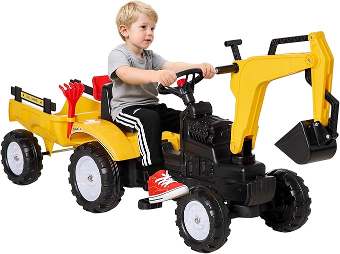 Aosom Digger Ride-on Truck Kids Car with Horn, Excavator Ride-on Toy, Imaginative Toy Construction Car, 6 Wheels & Detachable Trailer, Yellow