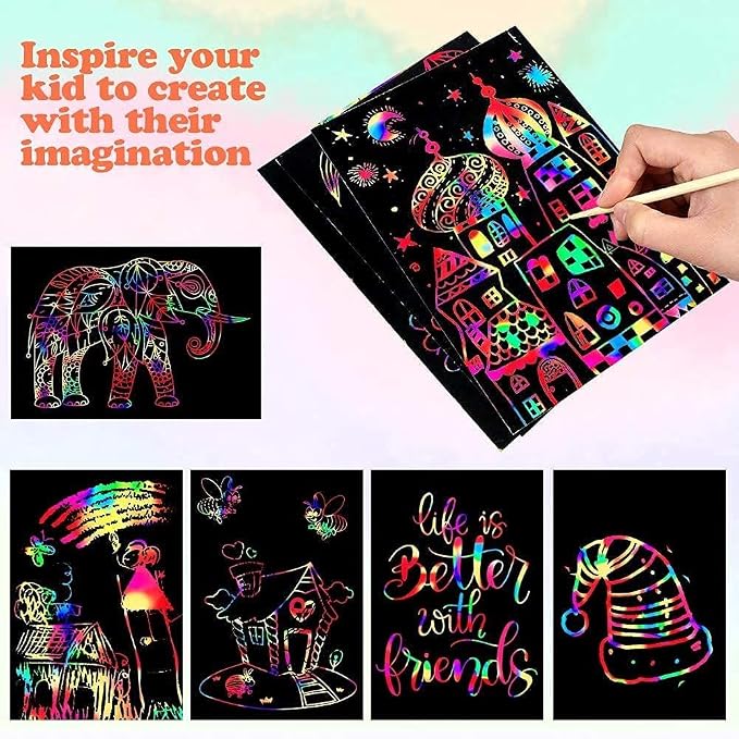 Mocoosy 60 PCS Rainbow Scratch Art Paper for Kids, Magic Scratch Paper Off Set Art and Craft Supplies, Black Scratch Pads Party Game Activities Birthday Gifts for Girls Boys 3 4 5 6 7 8 9 Years Old