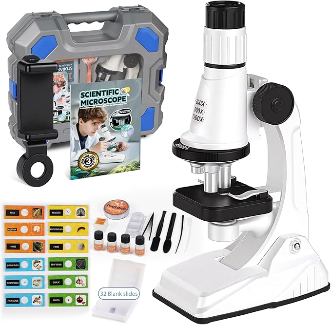 61 Piece Kids Microscope Kit - 100X-1200X with LED Light, Science Kit with Blank and Prepared Slides, Phone Holder, Carrying Box, STEM Project Toy, Educational Gift for Children Ages 6-12