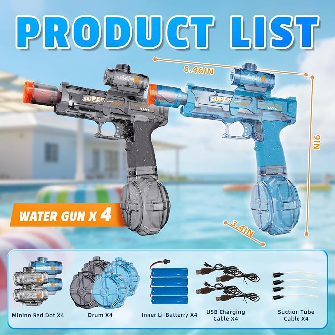 4Pcs Electric Water Gun for Kids Adults, Automatic Squirt Gun Pistol with Water Spray Sound and Led Light, Leak-Proof Rechargeable Watergun for Summer Outdoor Pool Beach Toys for Boys (Black+Blue)