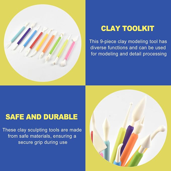 CepuXozi 9 Pcs Clay Sculpting Tools Kit, Double Ended Pottery Carving & Modeling Clay Tools, Air Dry Clay Tools for Kids, DIY Art Crafts, Lippan Art & School Work, Assorted Colors
