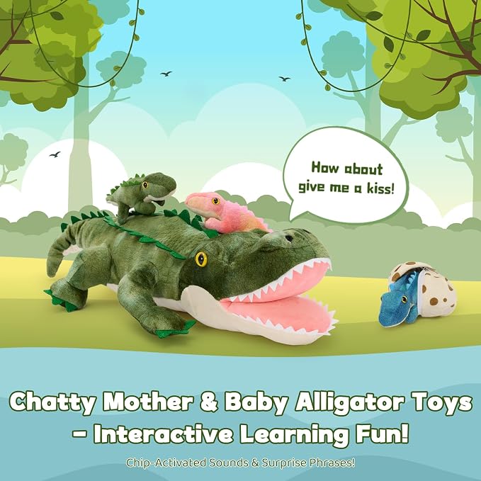 MorisMos Alligator Stuffed Animal with Babies Inside, 23.6'' Talking Mommy Stuffed Alligator Plush with 3 Baby Crocodiles & Eggs, Interactive Soft Crocodile Toys for Kid 3-5 Birthday Baby Shower