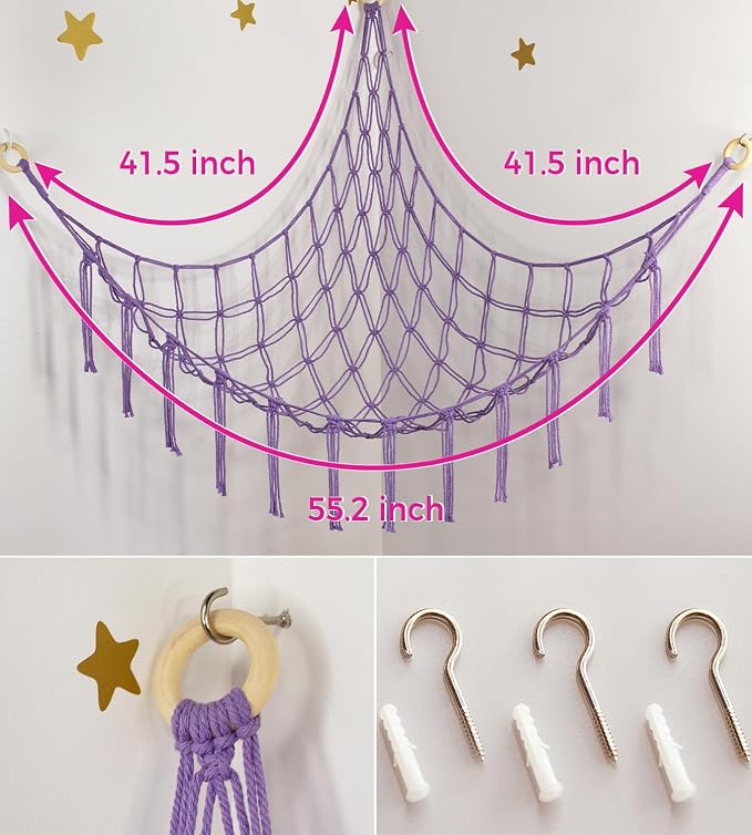 Stuffed Animal Storage Hammock or Net - Toy Hammock Net for Stuffed Animals Corner - Hanging Stuff Animal Organizer Holder Ideas for Plush Plushie - Purple Kids Baby Nursery Wall Bedroom Room Decor