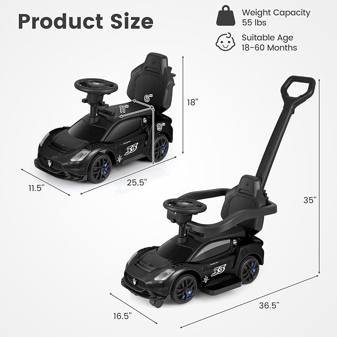 OLAKIDS Push Car for Toddlers, Licensed Maserati 3 in 1 Baby Ride on Sliding with Parent Control Handle, Universal Wheels Safe Guardrails Under Seat Storage, Kids Walking Toy with Music Horn (Black)