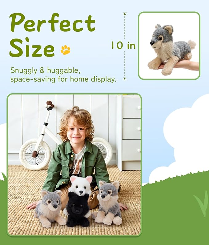 Tezituor 6 Pack Wolf Stuffed Animals, 10 Inch Wolf Plush Toys Bulk, Soft Stuffed Wolves in Assorted Colors and Poses, Forest Animal Plushies for Kids, Birthday Gifts, Party Favors