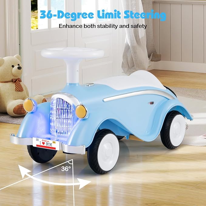 Costzon Toddler Ride On Toy, Classic Foot to Floor Sliding Car w/Steering Wheel, Horn, Headlights & Under Seat Storage, Kids Push Ride-Ons, Retro Baby Ride On Toys for Boys Girls 19-36 Months (Blue)