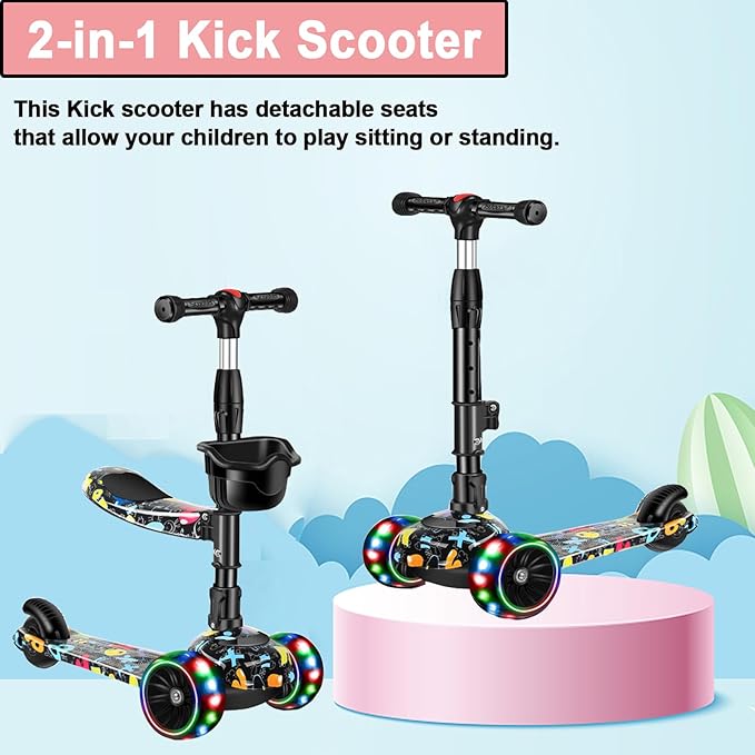 2-in-1 Kick Scooter for Kids Ages 3-8, Adjustable Height Foldable Scooter Removable Seat, 3 LED Light Wheels, Outdoor Activities for Toddlers Boys Girls
