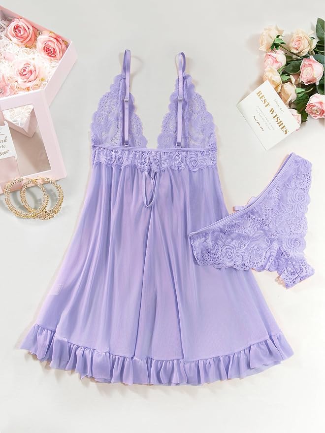 Foxiny Sexy Open Front V Neck Ruffle Sheer Mesh Lace Wireless Babydoll Lingerie Dress with Thong 2 Piece