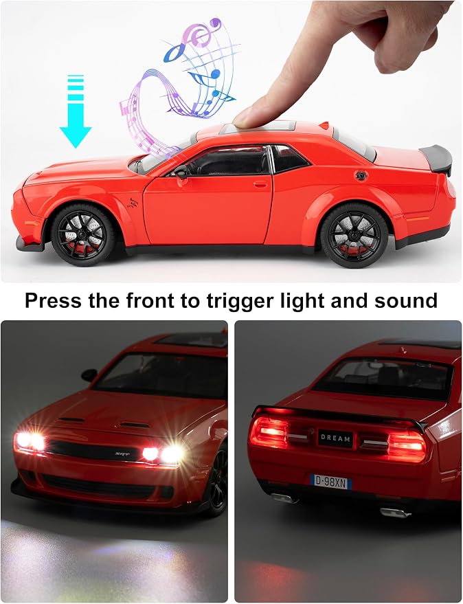 Compatible for 1/24 Dodge Challenger SRT Hellcat Car Model, Collectible Diecast Model Car with Lights and Sounds,Pull Back Car Toy for Adults Kids Birthday Gifts Decoration(Red)