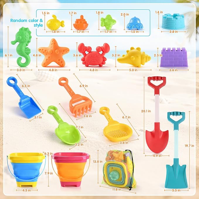 Beach Toys for Kids, Sand Toys Set with Collapsible Sand Bucket, 20” Shovel, Marine Life & Vehicles Molds Sand Castle Toys and Storage Bags, Travel Beach Toys for Toddler 4-8
