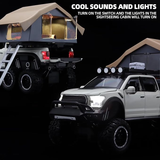 OANMYJJO Toy Trucks for Boys Age 4-7,Trucks for Kids F150 Diecast Truck,Model F150 Pickup Truck with Sightseeing Cabin,Pull Back Cars with Light and Sound,Trucks for Kids Ages 4-8（White）