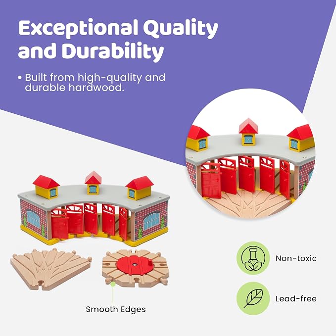 maxim enterprise, inc. Wooden Train Round House Combo with Rotating Turntable, Train Shed to House 5 Engines or Cars, Rotating Turntable Switching Track Compatible with Major Brand Railway Sets