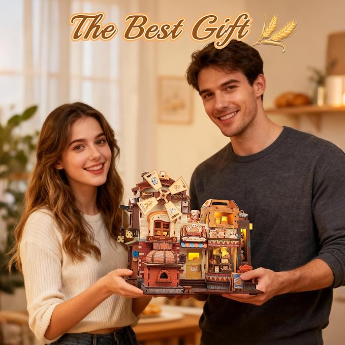 Cutefun 3D Wooden Puzzle for Adults, DIY Miniature Bakery House Kit, Wooden Mechanical Model 576 Pcs Building Kit with LED Light & Music, Creative Craft Gift Home Decor (Bread Factory)