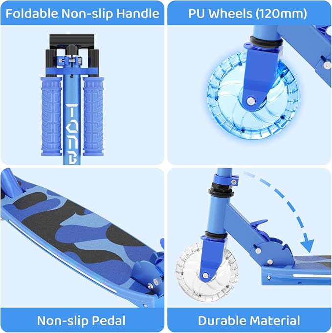 TONBUX Scooters for Kids 5-12, 2 Wheel Scooters with Cool Light Up Stem, Wheels, and Deck, 3 Level Adjustable Height Kick Scooter, Foldable and Lightweight Scooter for Kids 8-12