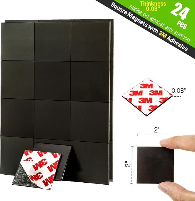Stick On Magnets with Double Sided Adhesive Tape,Magnet Squares 2"x2",Self Sticky Pre-Cut Magnetic Strip,Peel and Stick for Lightweight Projects (80mil Thickness,24 Pieces)