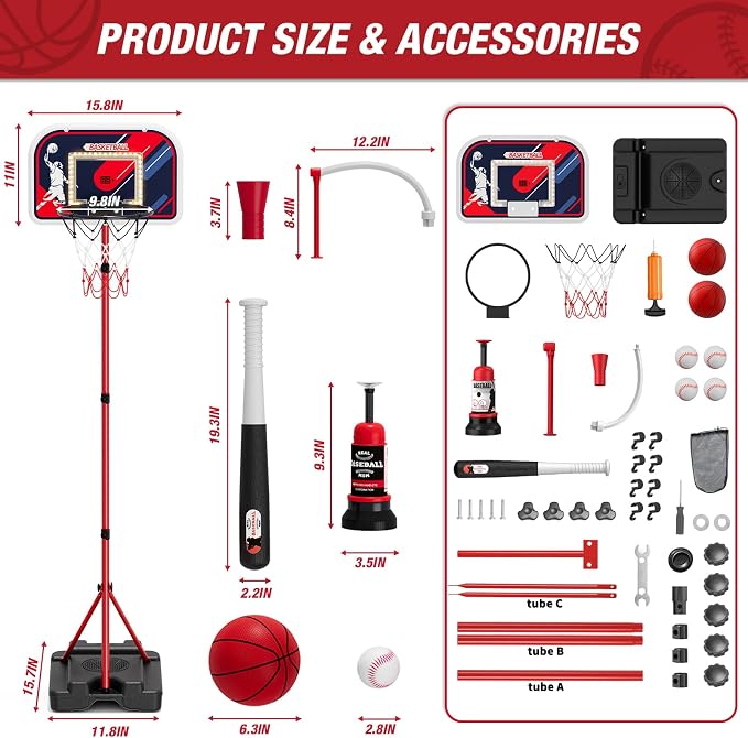 HYES 4 in 1 Kids Basketball Hoop and Tball Set 3-5, Basketball Goal with Scoreboard&LED, Hanging Tee Ball Stand with Baseball Pitching Machine, Indoor Outdoor Sport Toys for Boys 4-8