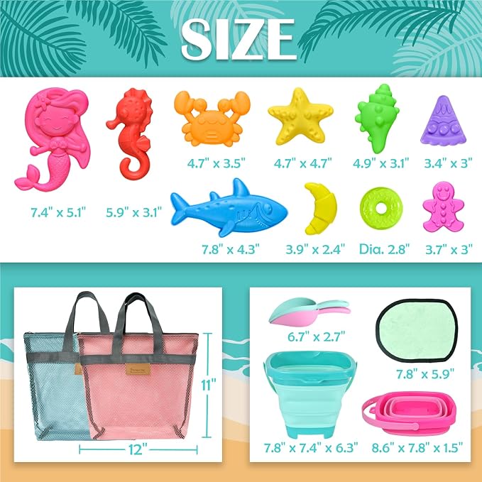 Collapsible Beach Sand Toys for Kids - Travel Beach Toys with 2 Collapsible Beach Buckets, Mesh Bags, Animal Sand Molds, Sand Bucket Shovel Set Sandbox Toy for Toddlers Kids