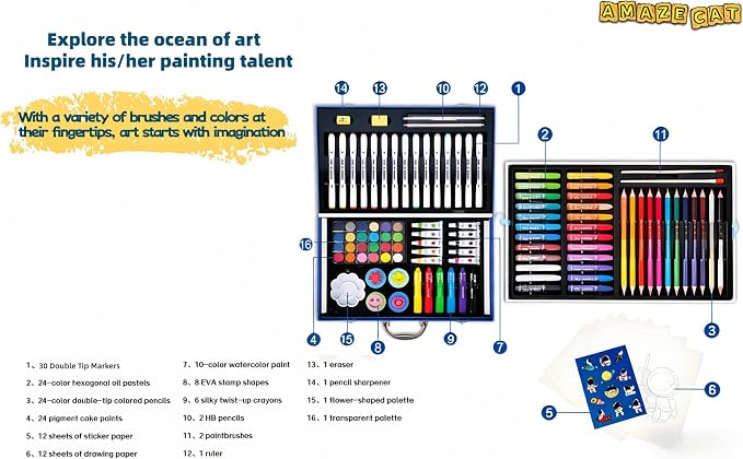 AmazeCat Art Supplies,159-Piece Deluxe Art Set,Drawing &Painting Kits for Kids,Gift Box for Adults Artists Kids Teens Girls Boys 4-12 (Pink)