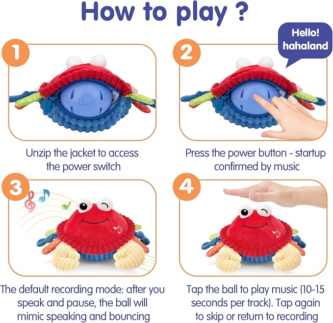 hahaland Baby Toys 6-12 Months, Musical Bouncing Crab Plush Toy with 48 Songs & Recording Function, Dancing Moving Jumping Baby Toy for Tummy Time, USB Rechargeable Crab Toy for Babies 6+ Months