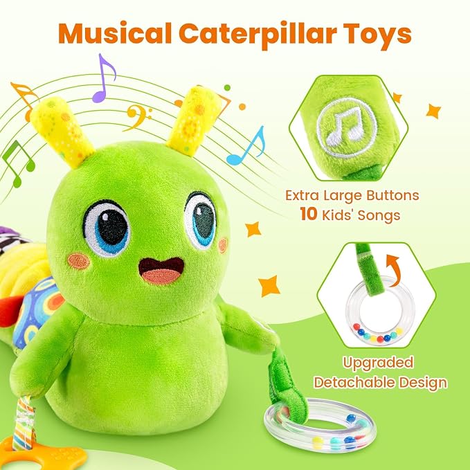 GoGonova Musical Caterpillar Baby Sensory Toy for Infant Development 0-12 Months – Tummy Time Crawler & Teether – Newborn Bath, Car Seat, Stroller & Bassinet Activity Toy & Gift(Green)