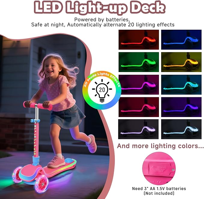 Kids Scooter with Seat, 2 in 1 Kick Toddler Scooter with LED Light-Up Wheels and Light up Deck, 4 Adjustable Heights, Lean to Steer, 3 Wheels Scooter Suitable for Boys & Girls Ages 2-8 Years