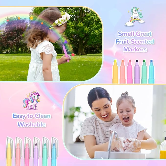 nasominako Washable Scented Markers Set for Kids - Unicorn Coloring Art Supplies Set for Kids Ages 4-8 Birthday Gifts for 4-8 Year Old girls Unicorn Pencil Case 54 PCS