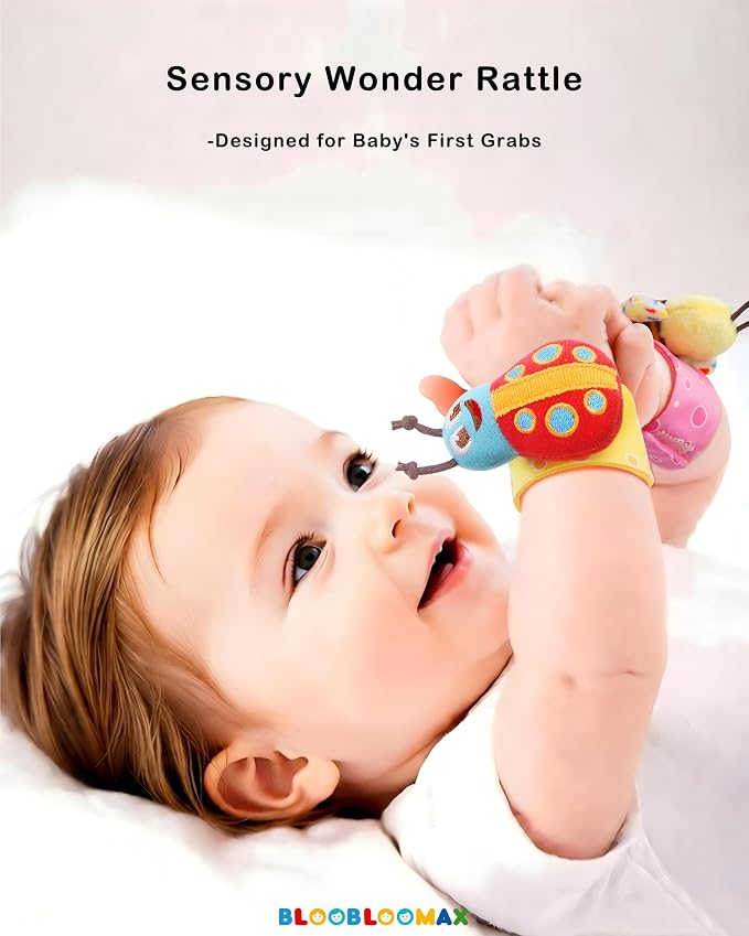 Bloobloomax Baby Wrist Rattle Socks & Foot Finder Toy-Gift for 0-36M | Infant Essentials Wristband Hand & Feet Rattles | Sensory Toys for 0-3Years Newborn Boys and Girls As Shower Present