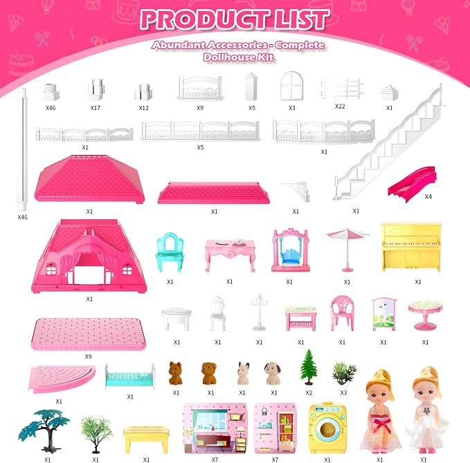 3-Level DIY Dollhouses for Girls with 7 Themed Rooms, 2 Dolls & 4 Dogs - Dolls House Toys with Slide, Furniture & Accessories for 4-8 Years Old