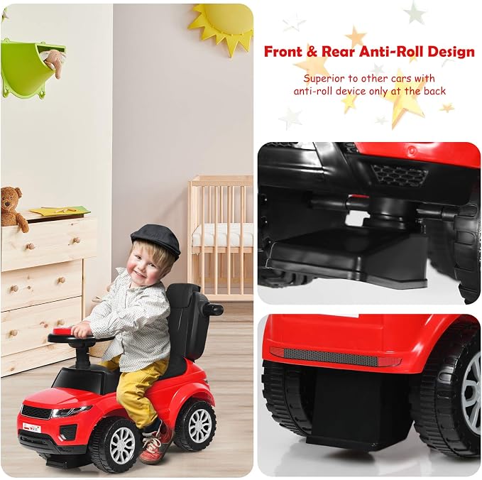 Costzon 3 in 1 Ride on Push Car, Stroller Sliding Walking Car with Horn, Music, Light, Under Seat Storage, Parental Handle, Armrest Guardrails, Ride on Toy for Boys & Girls (Red)