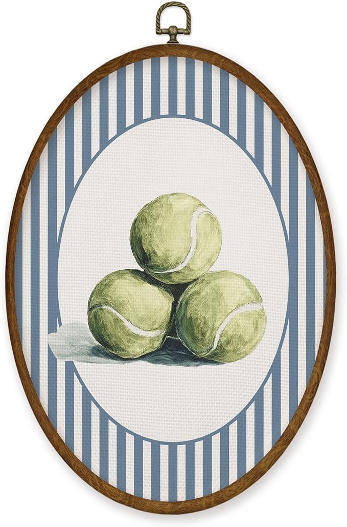 WULQYING Vintage Tennis Boy Nursery Wall Art Decor, Sports Room Oval Framed Canvas Art Prints, Blue Striped Tennis Ball Wall Hanging Decor for Kids Boys Room Bedroom Playroom, 8.6x11.4 Inches
