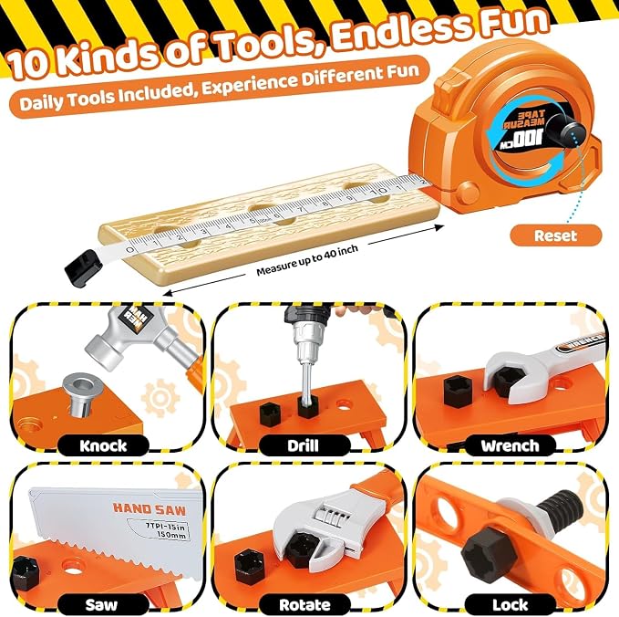 46 PCS Kids Tool Set with Portable Tool Box & Electronic Toy Drill, Toddler Tool Set, Christmas Birthday Gifts for Boys Ages 3 4 5 6, Construction Toys Tools for Kids