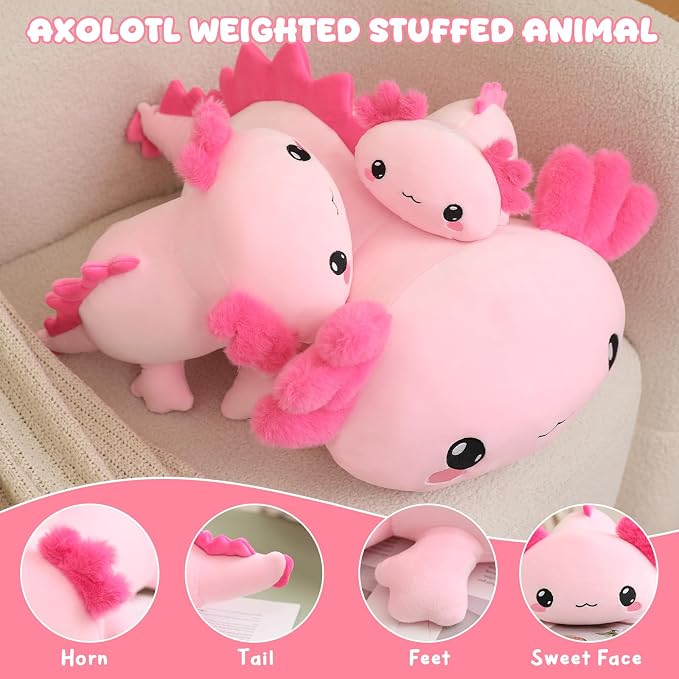 TOYSYM Weighted Stuffed Animals, Axolotl Stuffed Animal with Weighted Beads, Cute Plush Toy Pillow Gifts for Adults Kids Boys Girls