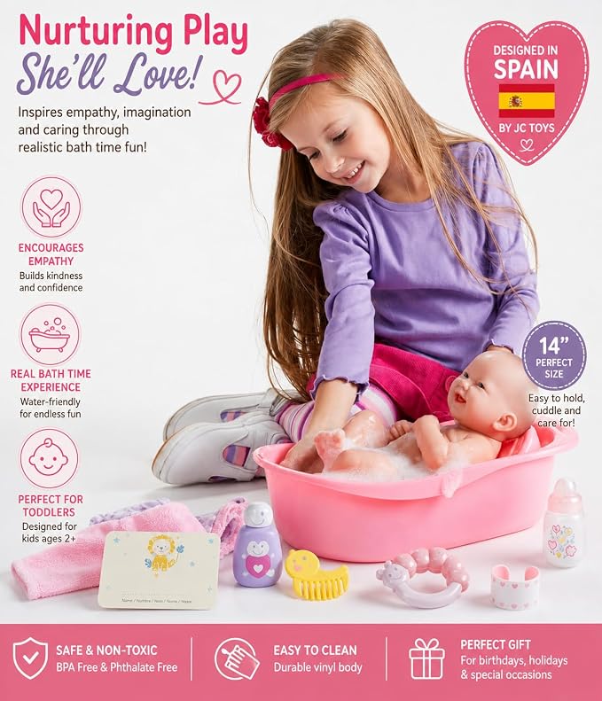 8 piece Layette Deluxe Bathtub Gift Set | JC Toys - La Newborn | 14" Life-Like Smiling Vinyl Newborn Doll w/ Accessories | Pink | Waterproof |Ages 2+