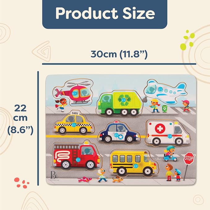 B. toys – Peek & Explore – Vehicles – Wooden Peg Puzzle for Toddlers, Kids – 8 Pieces – Fire Truck, Airplane, Taxi & More – 2+ Years