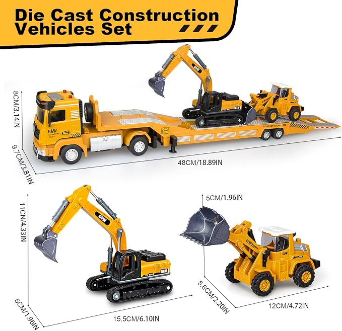 Yalujumb Toddler Boys Toys for 3-5 Years Old, Construction Toy Set w/Semi Truck, Excavator, Bulldozer, Alloy Engineering Construction Vehicles Truck Toys for Boys Age 4-7