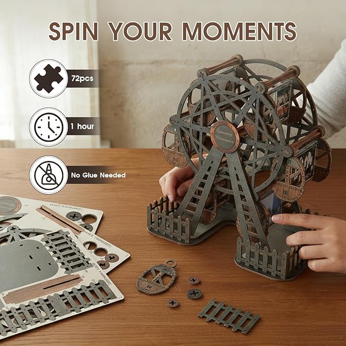 Photo Ferris Wheel 3D Wooden Puzzles for Adults, Rotating Mini Picture Frame Wood Model Kits - Unique Graduation, Personalized Anniversary Presents for Dad, Women Men