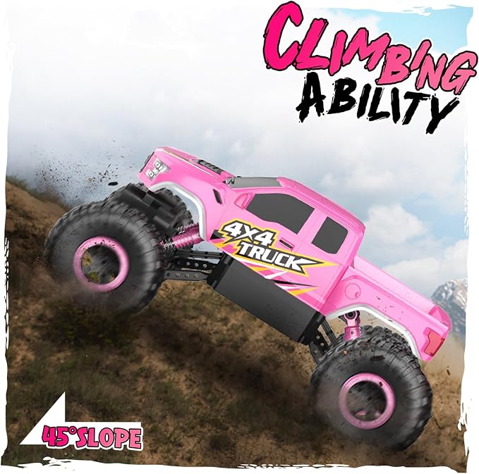 Double E Raptor F150 RC Car 4WD 2 Motors Monster Trucks for Girls, 11 Inches Off Road Crawler Vehicle Truck Toy with Rechargeable Battery Gift for Kids 6 7 8 9 10 11 12 Years-Pink