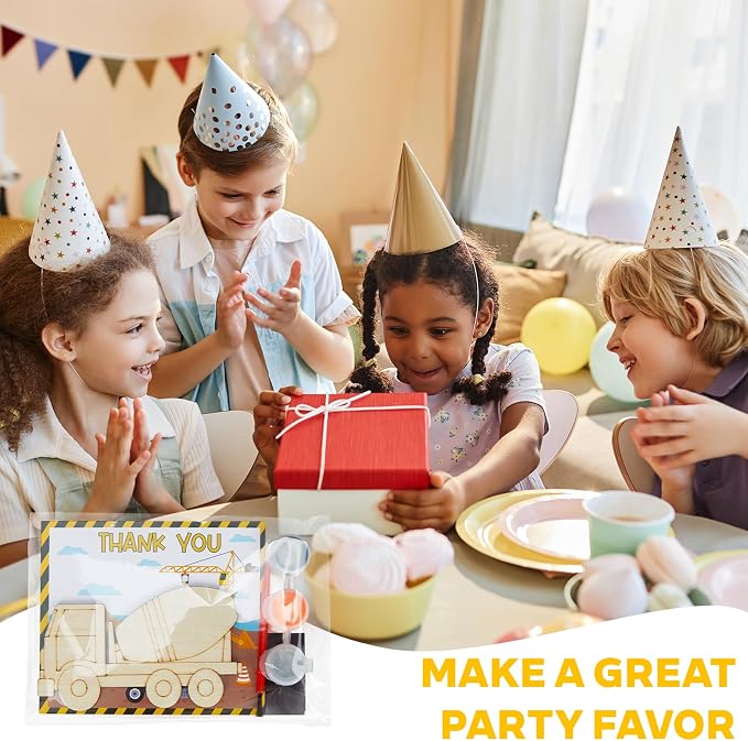 24 Set Construction Birthday Party Supplies, Trucks Parties Craft Construction Theme Birthday Paint Party Favors with Wooden Painting Crafts, Thank You Cards, Paints, Brushes and Bags Decorations