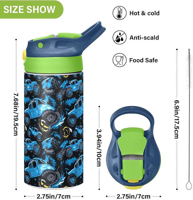 Boccsty Abstract Monster Trucks Kids Water Bottle with Straw Lid Tire Tracks Car Insulated Stainless Steel Reusable Tumbler for Boys Girls Toddlers 12 oz Green