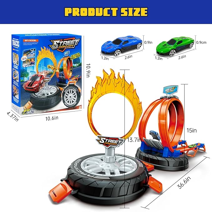Race Car Track Set for Kids Ages 3-8，Transformable Tire Storage & Portable Handle into Race Course, Racing Toy Playset Birthday Gift for Kids Boys Girls