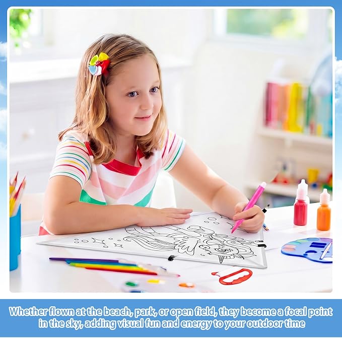 Syhood 60 Pcs DIY Coloring Kites Kit for Kids Pre-Printed Cartoon Animal Kites Summer Decorating Making Kit with Watercolor Pens and Strings Handles for Outdoor Game and Activities
